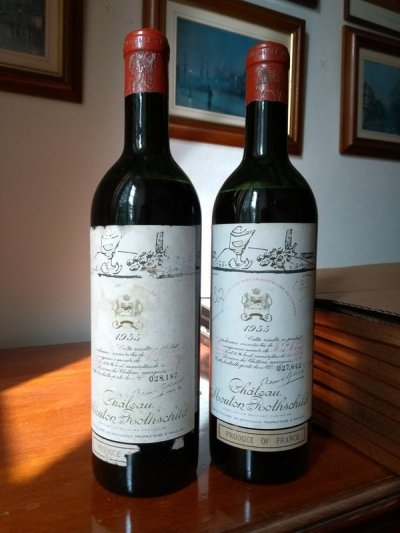 Mouton Rothschild 1955 RP 97 (bottle on the right m-s)