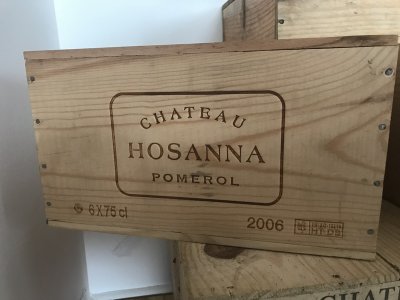 Lot 9:  Chateau Hosanna 2006 (OWC of 6) Pomerol. Recently removed from a country house cellar. Provenance: Wine Society. Perfect appearance.
