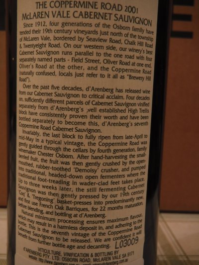 2001 Coppermine Road, Cabernet Sauvignon, D'Arenberg