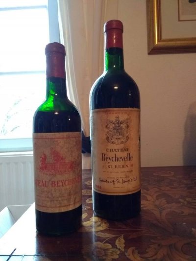 Ch Beychevelle 1959 half-bottle chateau-bottled (ls) and normal-sized bottle (vhs) bottled by Grants of St James's
