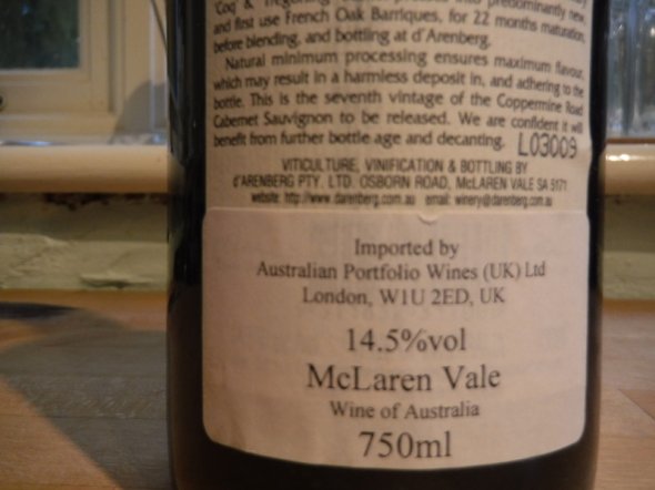 2001 Coppermine Road, Cabernet Sauvignon, D'Arenberg