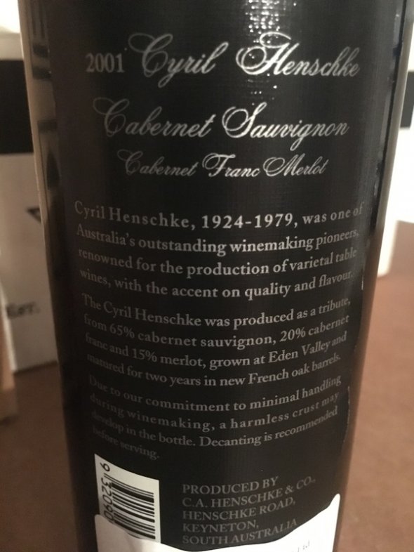 2001 Henschke "Cyril Henschke" Cabernet Sauvignon Merlot Cabernet Franc