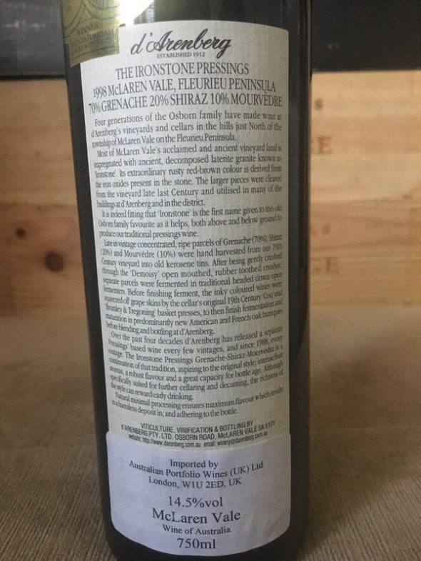 1998 D'Arenberg Ironstone Pressings GSM (RP 92 pts) - No Reserve