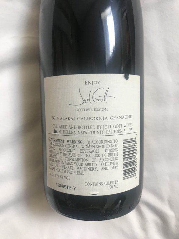2014 Napa Joel Gott Grenache - perfect bottle 
