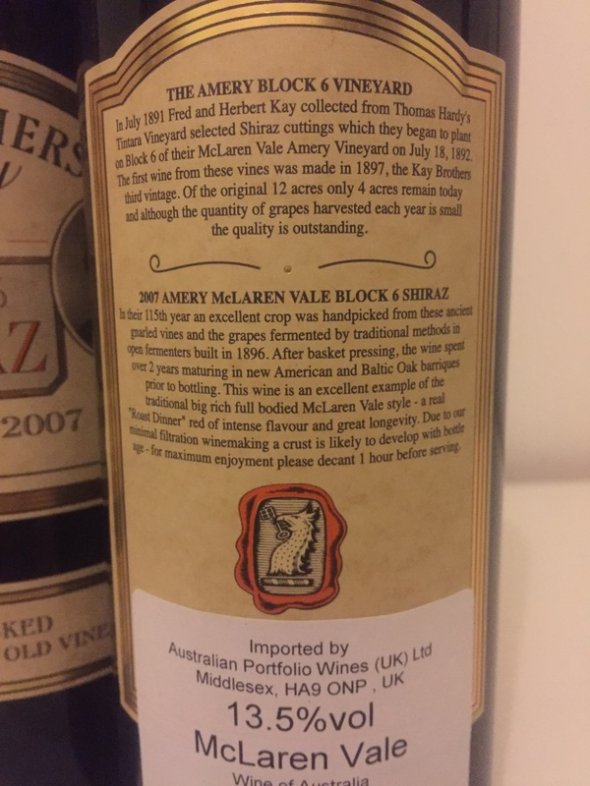 Kay Brothers Block Six Shiraz 2007 x 2 bottles