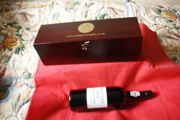 Cockburns 2003 Vintage Port in a wine box with accessories