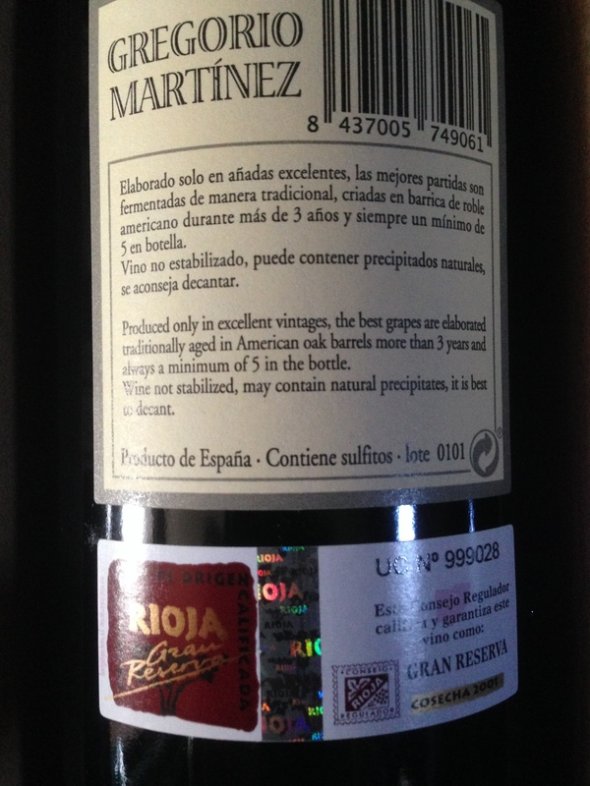 2001 Rioja Tinto Gran Reserva, Gregorio Mart&iacute;nez, Nalda, La Rioja Alta