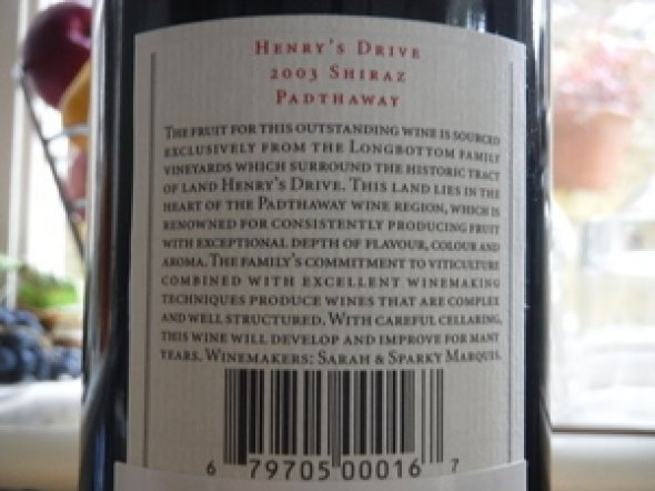 2003 Henry's Drive Shiraz, Padthaway, Australia. RP94PTS