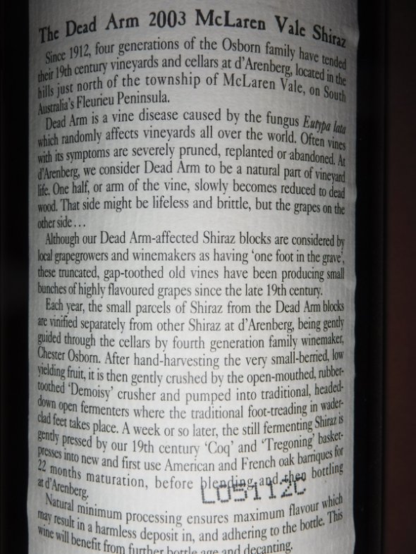 2003 d'Arenberg The Dead Arm Shiraz, McLaren Vale, Australia 