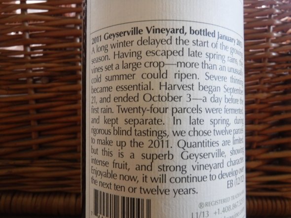 2011 Ridge Vineyards Geyserville Zinfandel, Alexander Valley, USA 