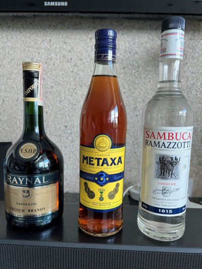 3 Bottle  Assortment  Metaxa Brandy, Raynal French Brandy and Sambuca Liqueur