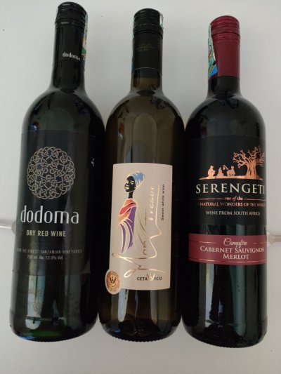 One bottle South African and 2 bottles Tanzanian wine