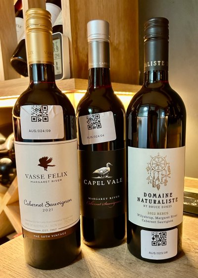 Three Margaret River Cabernet Sauvignons, Vasse Felix 2021, Domaine Naturaliste Rebus 2022, Capel Vale 2022