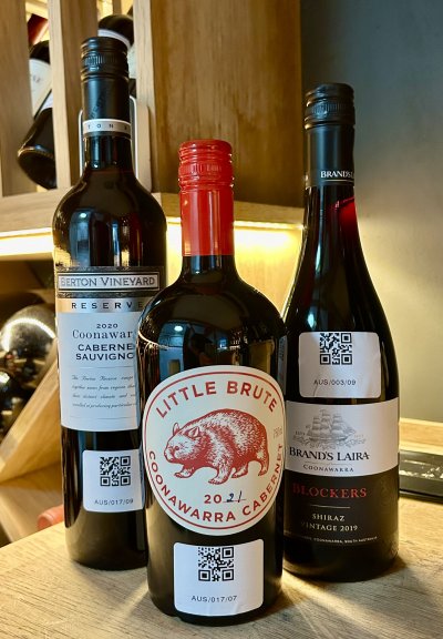 Three Coonawarra reds - Little Brute Cabernet Sauvignon 2021, Brands Laira Shiraz 2019, Berton Vineyard Reserve Cabernet Sauvignon  