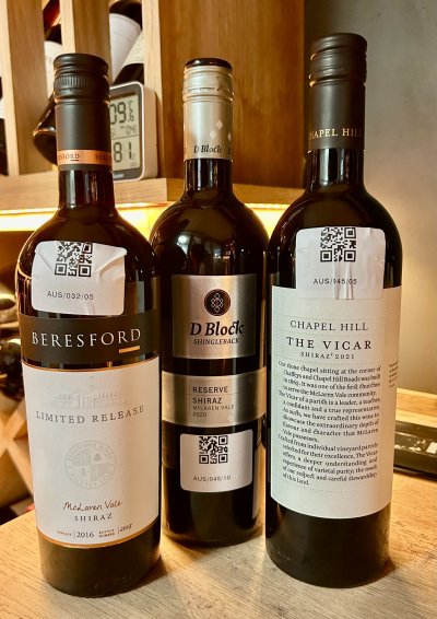 Three McLaren Vale Shiraz - D Block Shingleback Reserve 2020, Chapel Hill The Vicar 2021, Beresford Limited Release