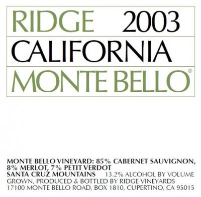 Ridge, Monte Bello Red, California, Napa Valley, United States, AVA