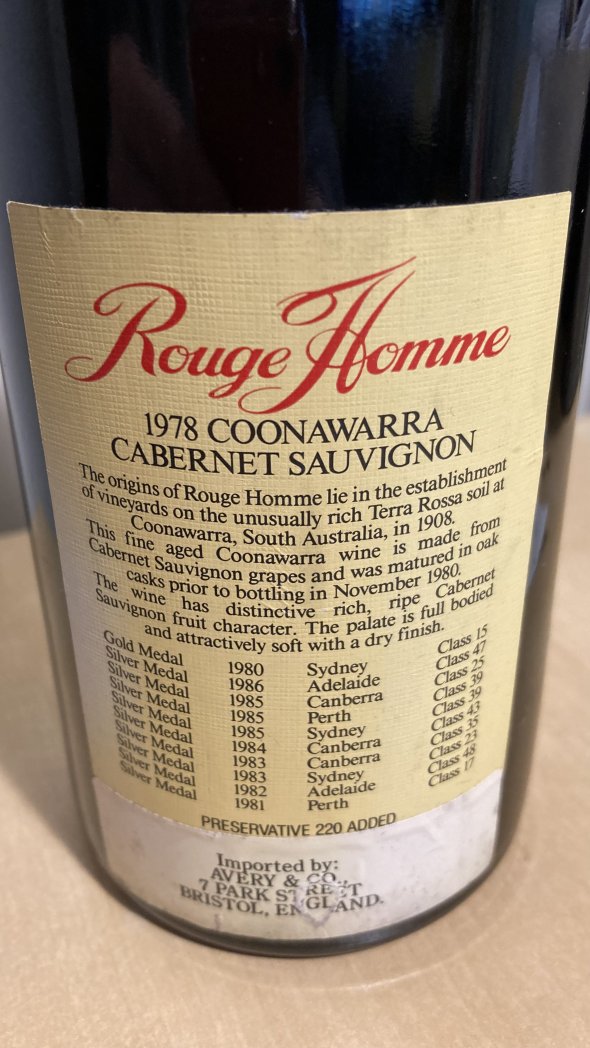 Rouge Homme Coonawarre Cabernet Sauvignon 1978