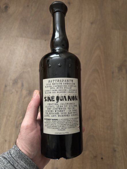 Sine Qua Non, Rattrapante Grenache Eleven Confessions , Sta. Rita Hills 100 points Robert Parker