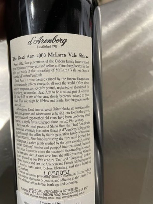 d'Arenberg, The Dead Arm Shiraz, McLaren Vale