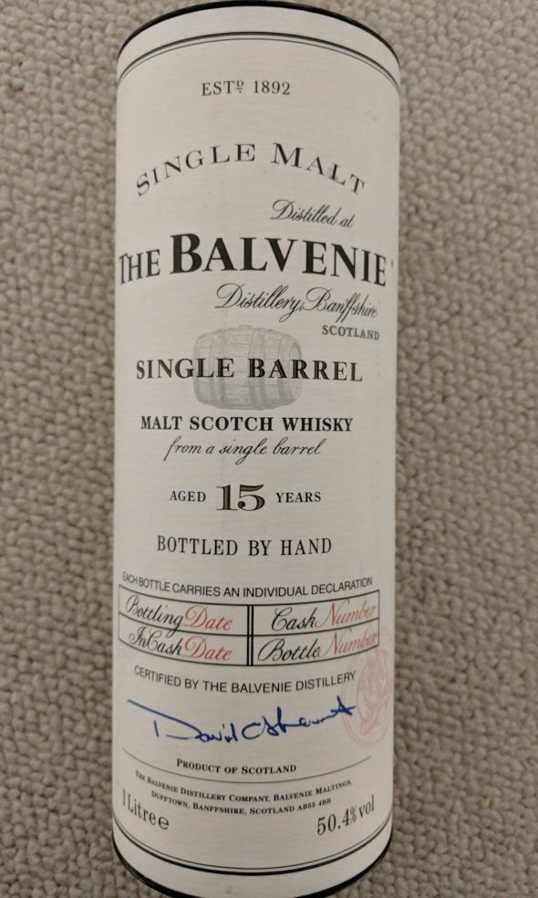 Balvenie Single Barrel whisky, Aged 15 years. In Cask Feb 1982, Bottled Oct 1997.  50.4%