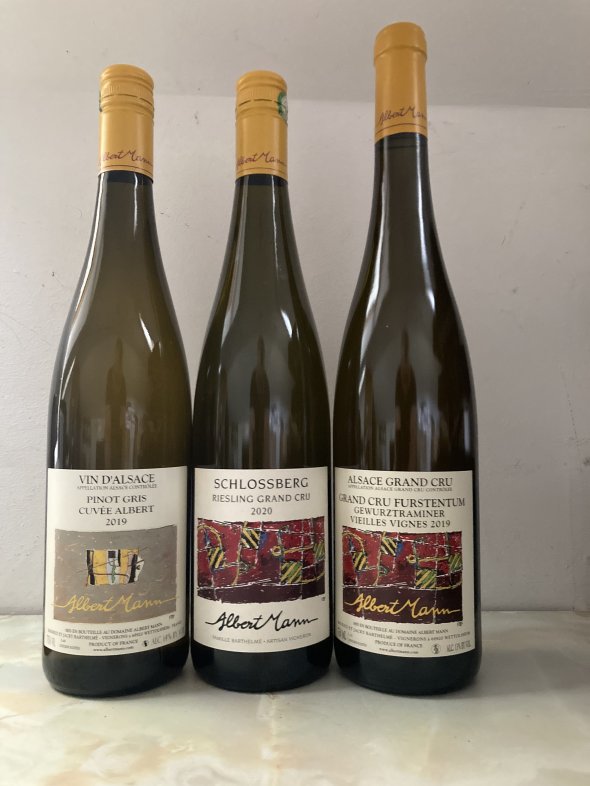 2020 Riesling Grand Cru "Schlossberg" Albert Mann, 2019 Gewurztraminer Grand Cru "Furstentum" Albert Mann, 2019 Pinot Gris &lsquo;Cuv&eacute;e Albert  Albert Mann