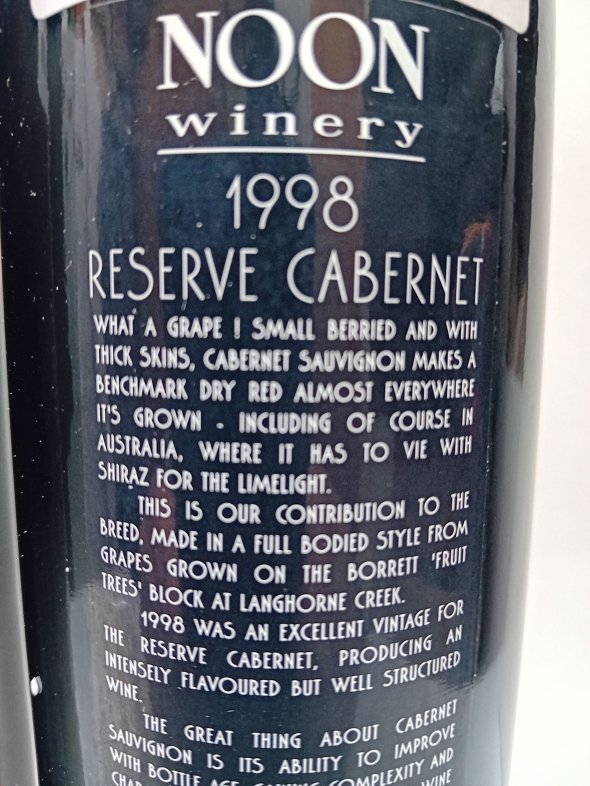 Pair of Noon Reserve wines. 1998 Cabernet Sauvignon & 2004 Shiraz, both 98 points Robert Parker.