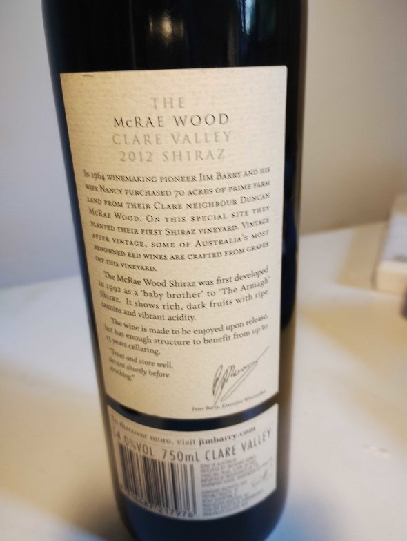 Jim Barry, The McRae Wood Shiraz, Clare Valley