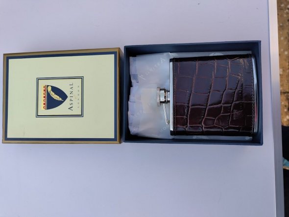 Aspinal, stainless steel and leather, hip flask