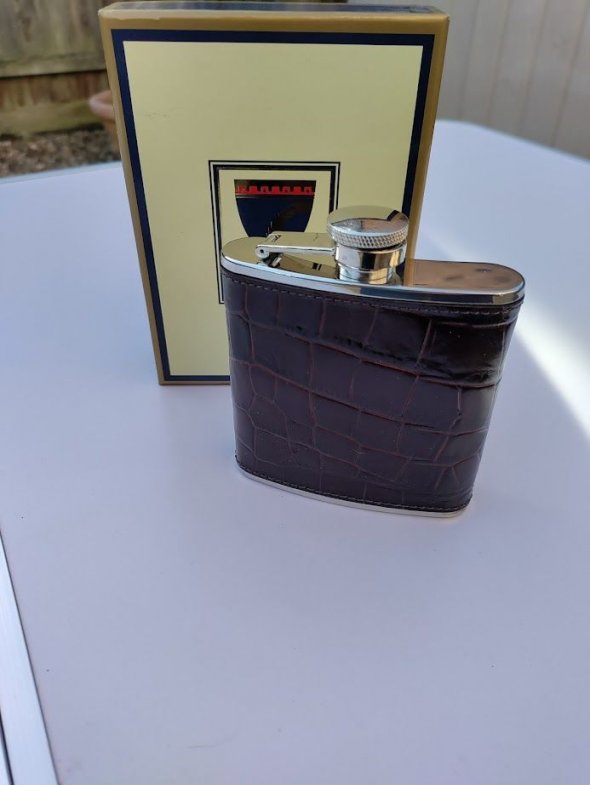 Aspinal, stainless steel and leather, hip flask
