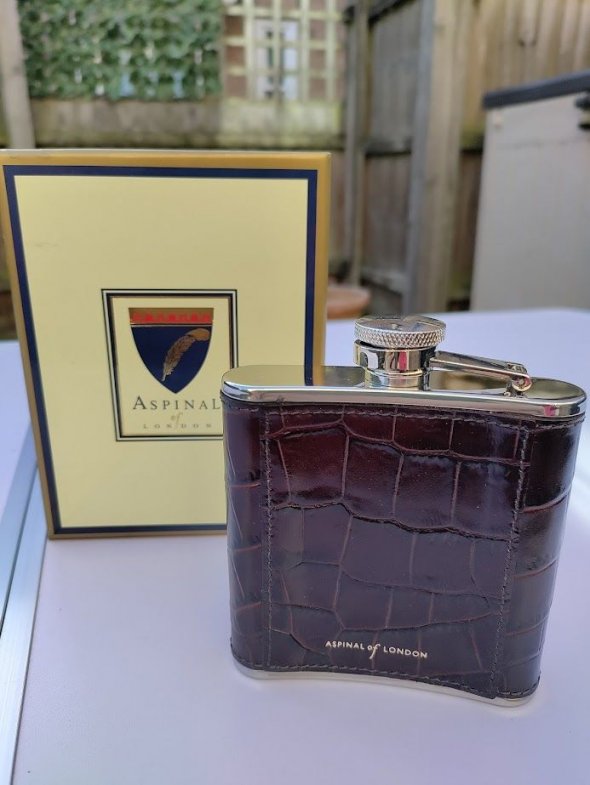 Aspinal, stainless steel and leather, hip flask