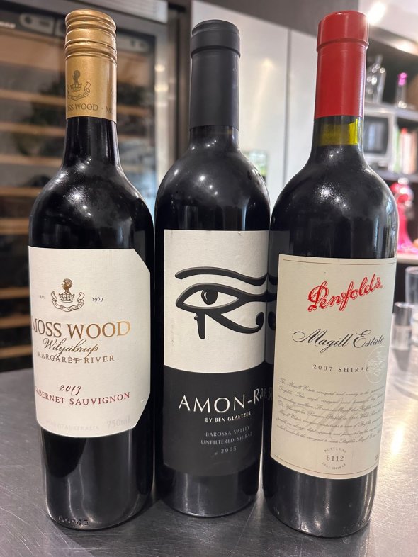 top draw shiraz/ cab x 3 including Amon ra , Moss wood