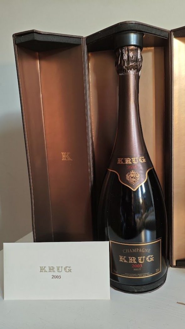 Krug, Vintage Brut, in elegant display case.