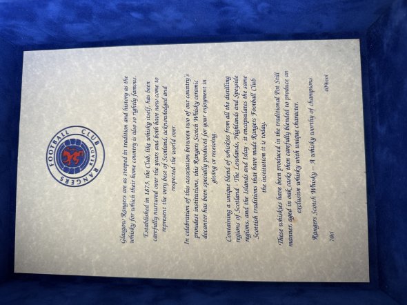 Rangers FC whisky commemorative decanter box