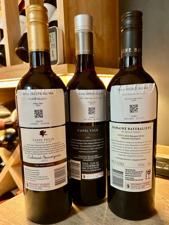 Three Margaret River Cabernet Sauvignons, Vasse Felix 2021, Domaine Naturaliste Rebus 2022, Capel Vale 2022