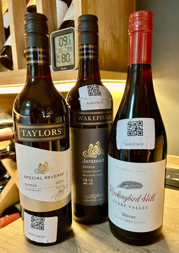 Three Clare Valley Shiraz - Mockingbird Hill 2022, Wakefield Jaraman 2022, Taylors Special Release 
