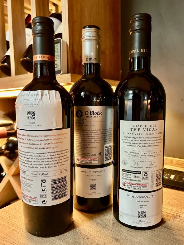 Three McLaren Vale Shiraz - D Block Shingleback Reserve 2020, Chapel Hill The Vicar 2021, Beresford Limited Release