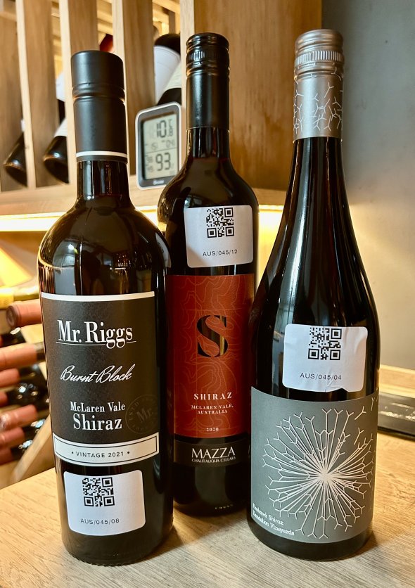 Three McLaren Value Shiraz - Mazza Chautauqua 2020, Dandelion Firehawk Shiraz 2022, Mr Riggs Burnt Block