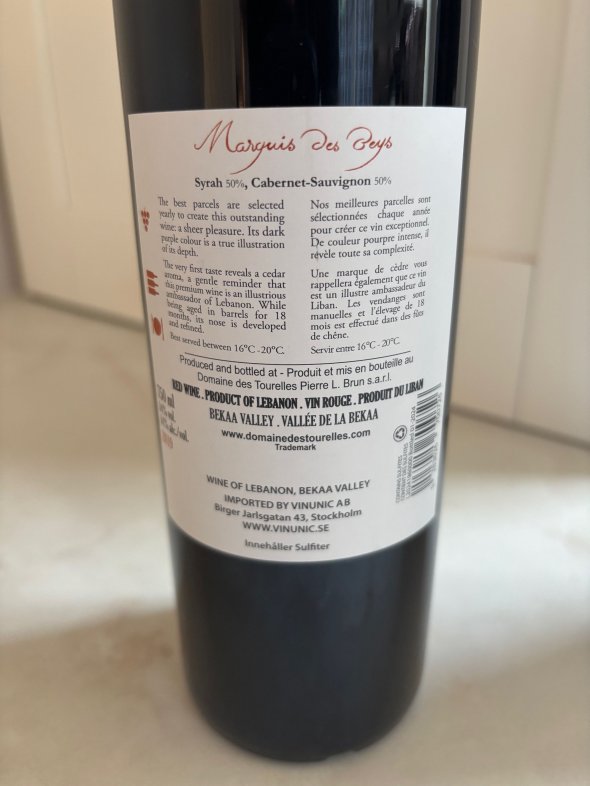 Domaine des Tourelles, Marquis des Beys Red, Bekaa Valley