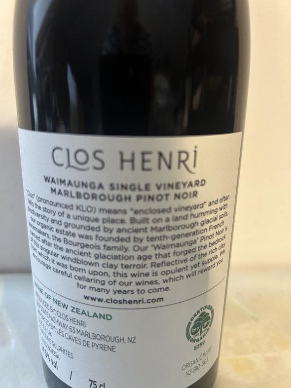 SV "WAIMAUNGA" Pinot Noir, Clos Henri, Organic, Marlborough