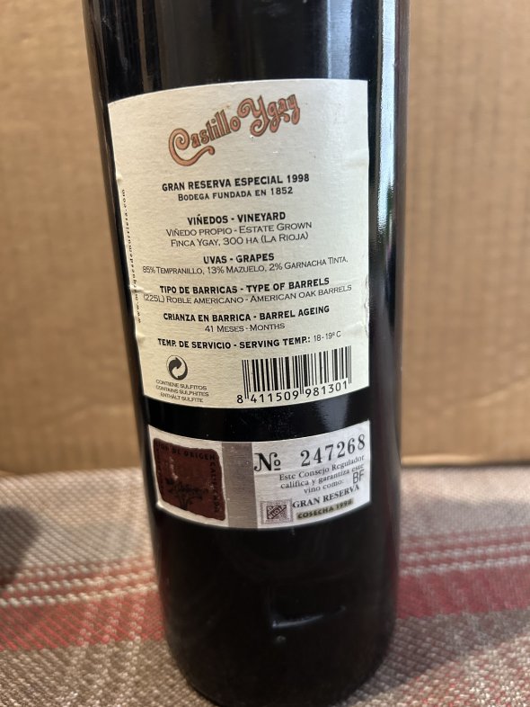 Castillo Y&rsquo;gay gran reserva especial. 1998.