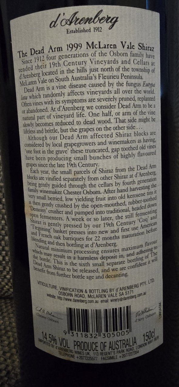 d Arenberg, The Dead Arm Shiraz, McLaren Vale