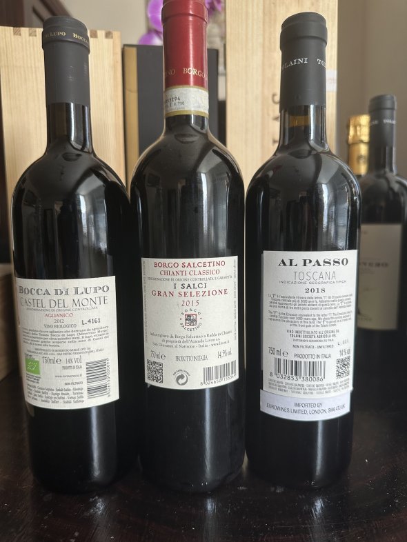 Tormaresca, Bocca di Lupo IGT 2012 - Chianti Classico Gran Selezione I Salci Bolgo Salcetino 2015- Al Passo Tolaini IGT Toscana 2018