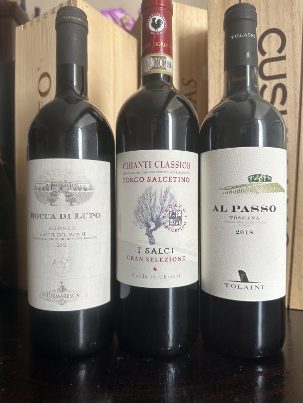 Tormaresca, Bocca di Lupo IGT 2012 - Chianti Classico Gran Selezione I Salci Bolgo Salcetino 2015- Al Passo Tolaini IGT Toscana 2018