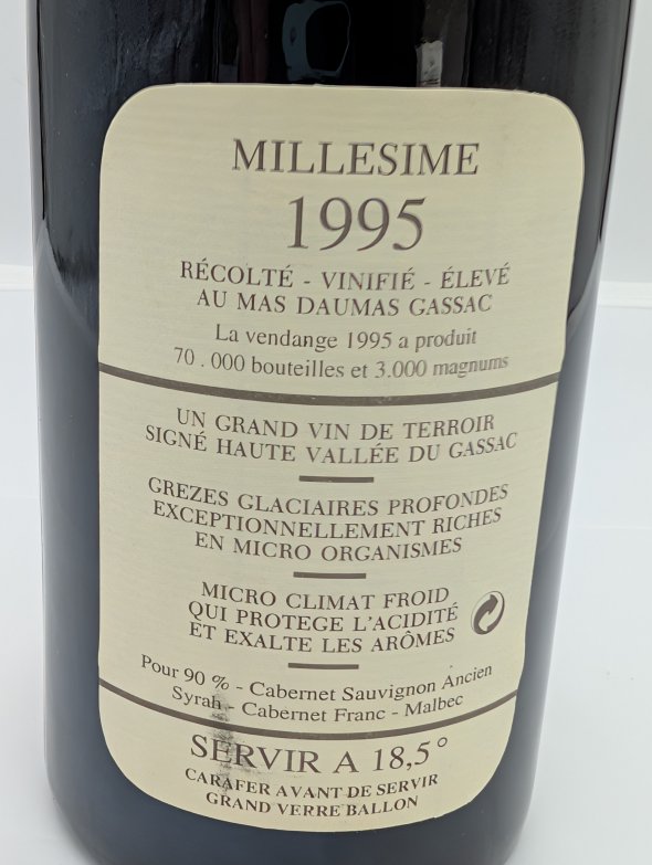 Mas de Daumas Gassac, Vin de Pays, Pays d'Herault, Millesime 1995
