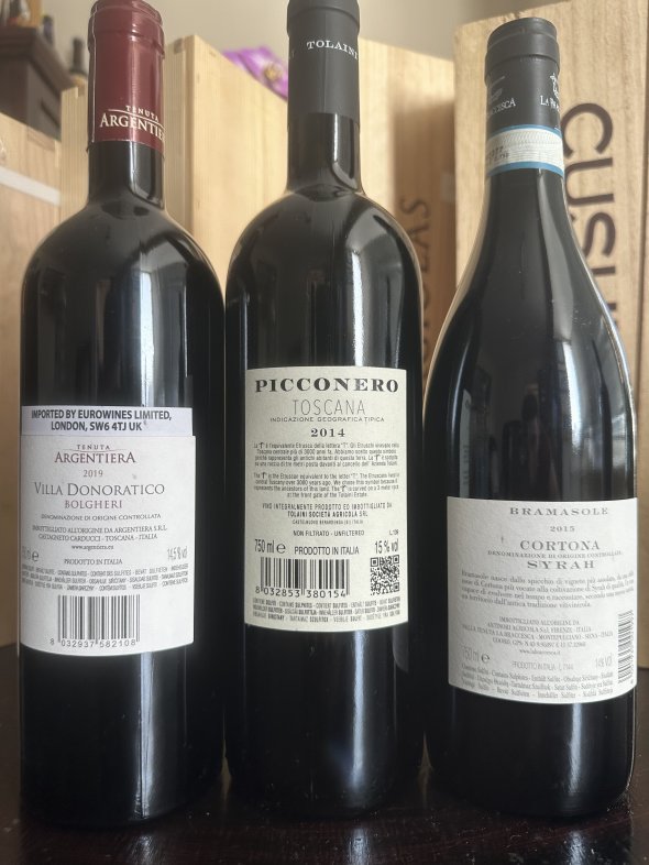 Tolaini, Toscana Picconero, IGT 2014-Villa Donoratico Bolgheri, Tenuta Argentiera 2019-Branasole Cortona Syrah 2015 La Bracesca (Antinori)