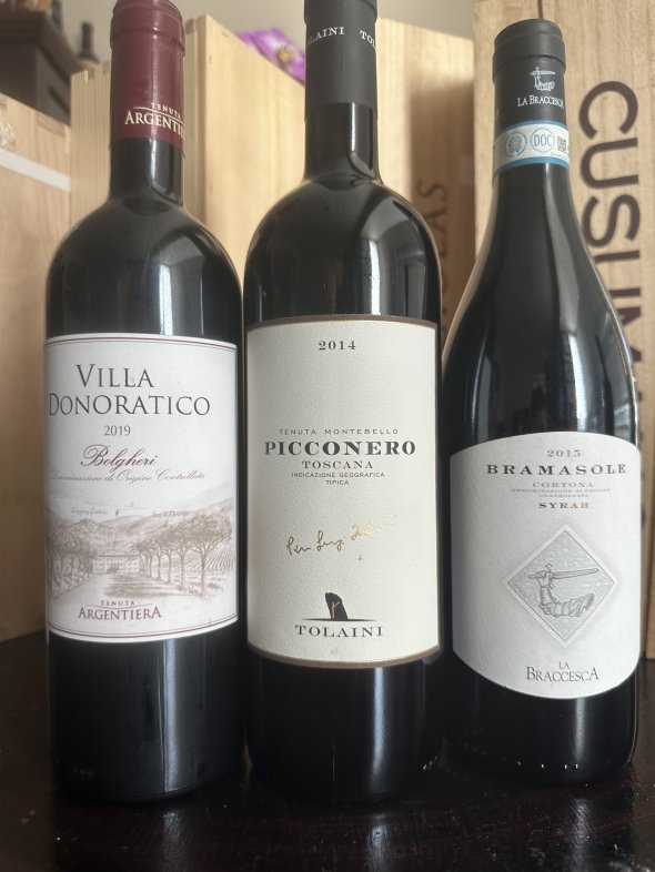 Tolaini, Toscana Picconero, IGT 2014-Villa Donoratico Bolgheri, Tenuta Argentiera 2019-Branasole Cortona Syrah 2015 La Bracesca (Antinori)