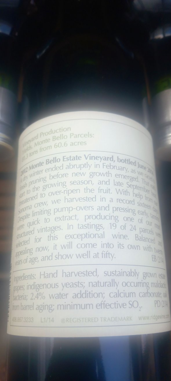Ridge, California Cabernet Sauvignon Monte Bello, Santa Cruz Mountains