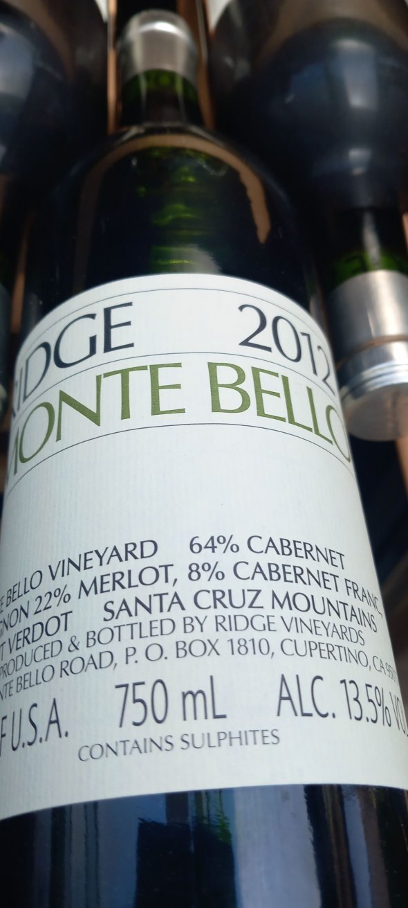 Ridge, California Cabernet Sauvignon Monte Bello, Santa Cruz Mountains