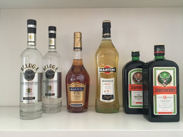 Mixed Jagermeister, Martell Fine Cognac, Martini Bianco and Beluga Vodka, 6 bottles
