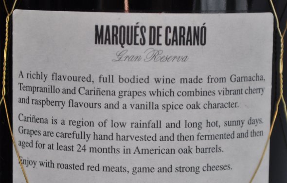 Grandes Vinos y Vinedos, Marques Carano Gran Reserva, Aragon, Carinena, Spain, DO